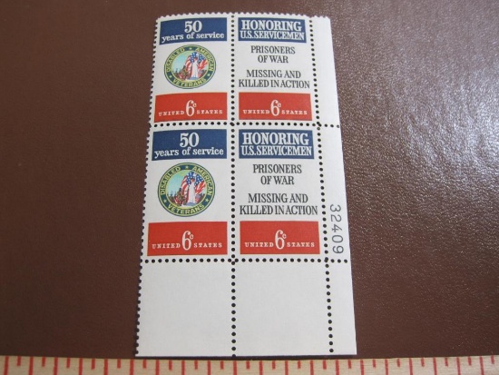 Block of 4 1970 6 cent D.A.V. and Servicemen US postage stamps, Scott # 1421-22