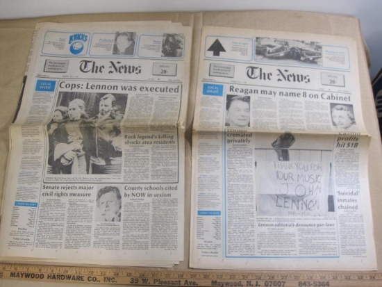 Two Beatles-themed The News articles from 1980: "Cops: Lenon was executed" (December 10) and "Lenon