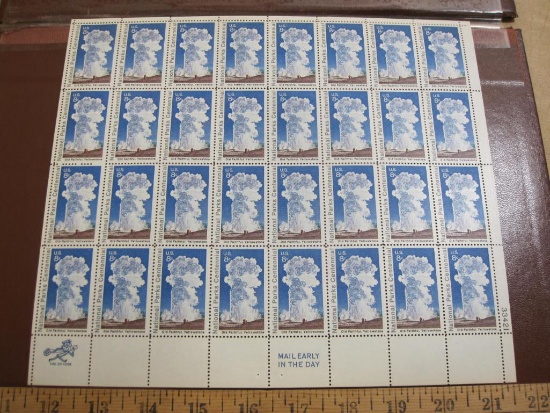 Full sheet of 32 1972 8 cent Old Faithful, Yellowstone Park US postage stamps, Scott # 1453