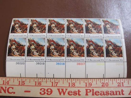 Block of 12 1975 10 cent Bunker Hill Battle US postage stamps, Scott # 1564