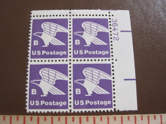 One block of 4 1980 18 cent B-Rate Eagle purple US postage stamps, Scott # 1818