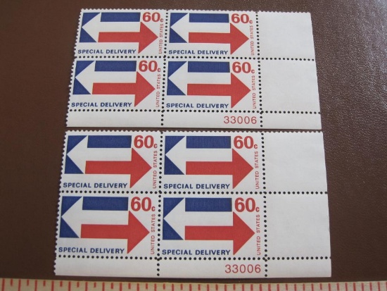 TWO blocks of 4, 8 total, 1971 Special Delivery 60 cent US postage stamps, Scott # E23