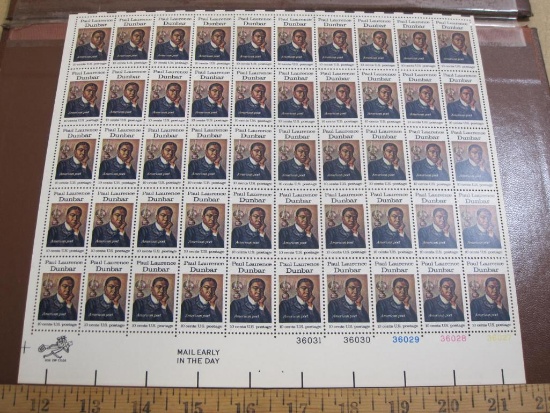 Full sheet of 50 1975 10 cent Paul Laurence Dunbar US postage stamps, Scott # 1554