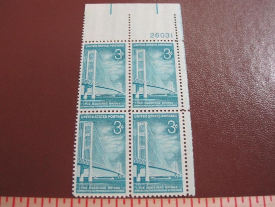 Block of 4 1958 3 cent Mackinac Bridge US postage stamps, Scott # 1109