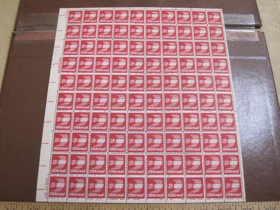 Full sheet of 100 1973 13 cent Winged Letter US airmail stamps, Scott # C79