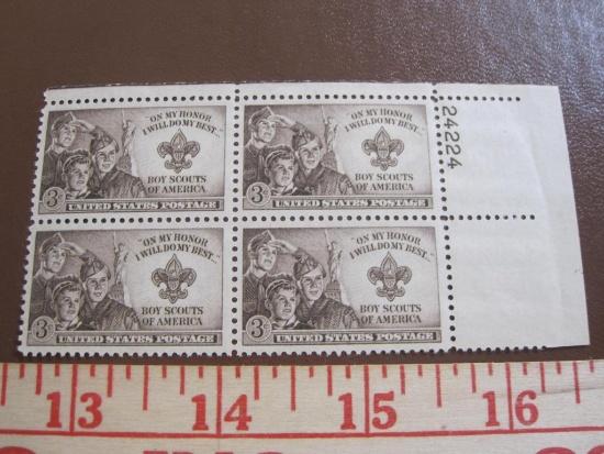 Block of 4 1950 3 cent Boy Scouts US postage stamps, Scott # 175