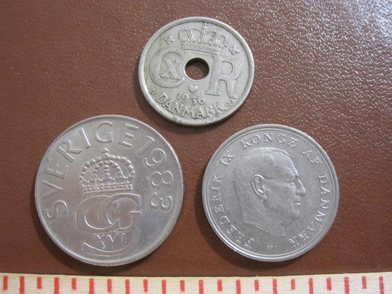 Lot of one Swedish Kronor and 2 Denmark coins, one from 1936
