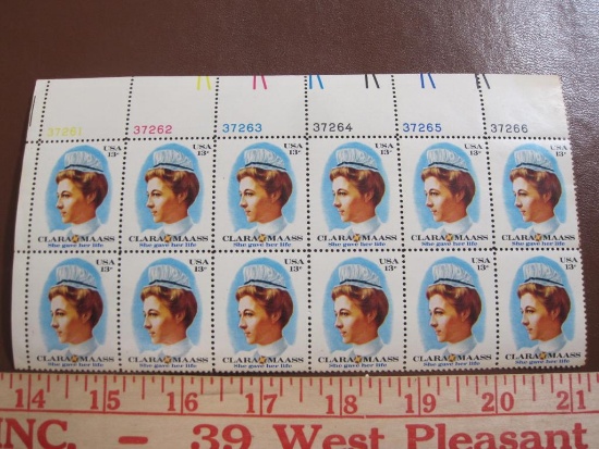 Block of 12 1976 13 cent Clara Maass US postage stamps, Scott # 1699