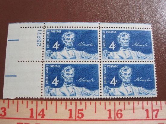 Block of 4 1959 4 cent Statue of Lincoln US postage stamps, Scott # 1116