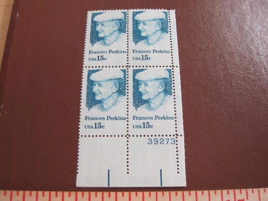 One block of 4 1980 15 cent Frances Perkins US postage stamps, Scott # 1821