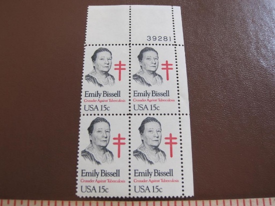 Block of 4 1980 15 cent Emily Bissell US postage stamps, Scott # 1823