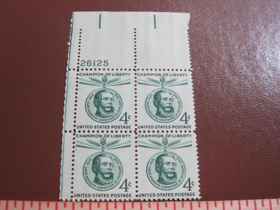 Block of 4 1958 4 cent Lajos Kossuth US postage stamps, Scott # 1117