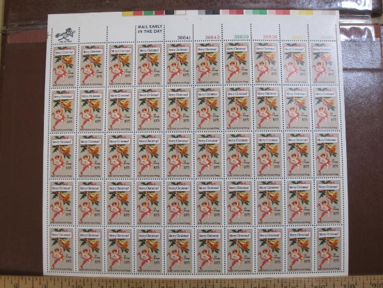 Full sheet of 50 1975 10 cent Christmas Card US postage stamps, Scott # 1580