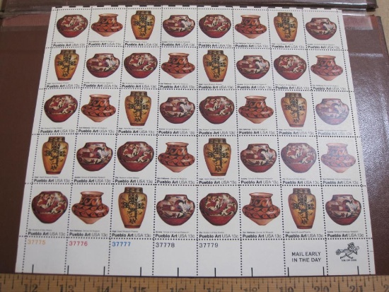 Full sheet of 40 1977 13 cent Pueblo Pottery US postage stamps, Scott # 1706-09