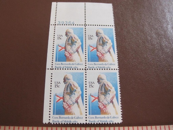 Block of 4 1980 General Bernardo de Galvez 15 cent US postage stamps, #1826