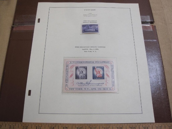Completed official Scott album page including 1956 New York Coliseum 3 cent stamp (#1076) and two