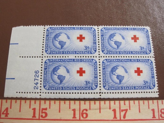 Block of 4 1952 Honoring the Red Cross 3 cent US postage stamps, #1016