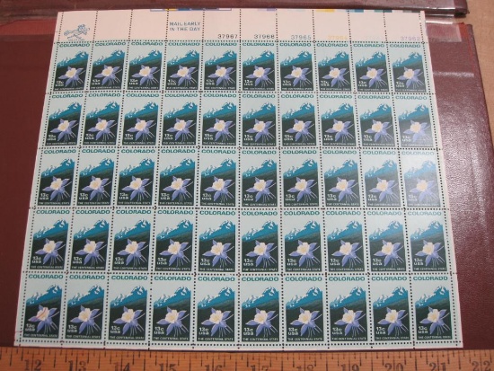 Full sheet of 50 1977 13 cent Colorado Statehood US postage stamps, Scott # 1711