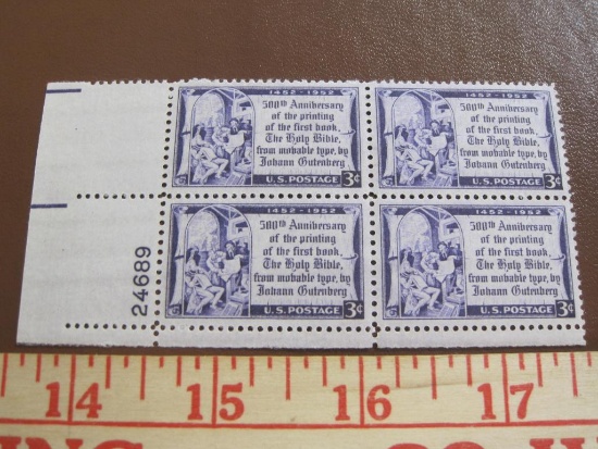 Block of 4 1952 Gutenberg Bible 3 cent US postage stamps, #1014