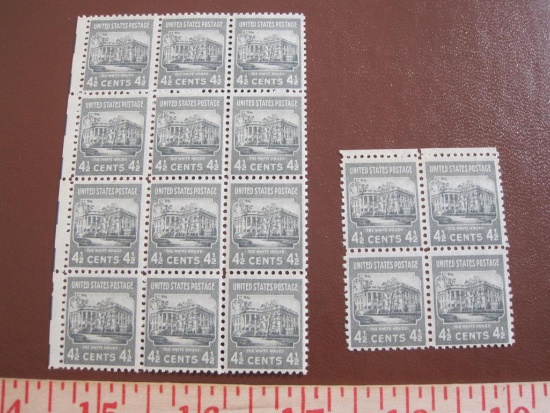 TWO blocks, one of 12, one of 4, of 1938 4 1/2 cent The White House US postage stamps, Scott # 809