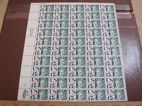 Full sheet of 50 1971-73 17 cent Liberty Head US postage stamps, Scott # C80