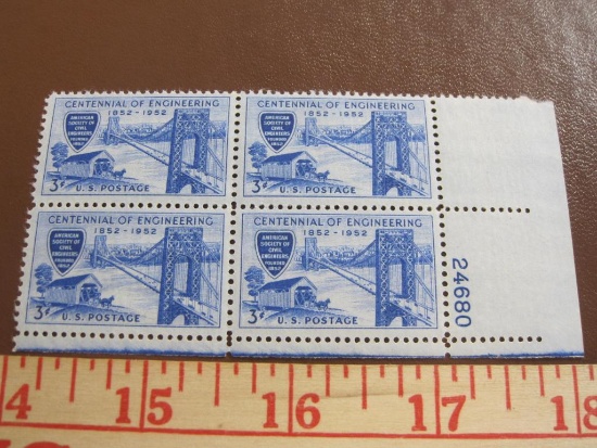 Block of 4 1952 Centennial of Engineering 3 cent US postage stamps, #1012
