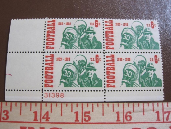 Block of 4 1969 Football 6 cent US postage stamps, #1382