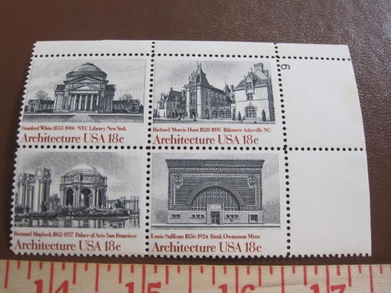 Block of 4 1981 Architecture 18 cent US postage stamps, #s 1928-1931