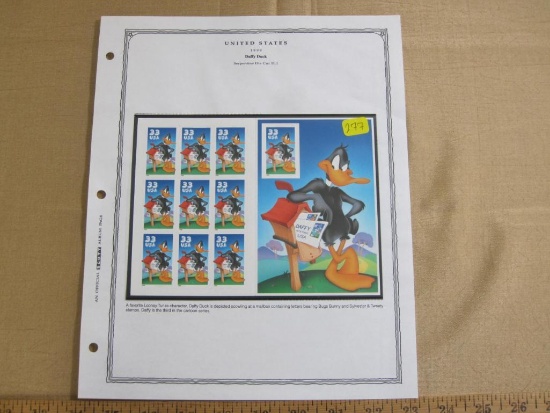 1999 Daffy Duck serpentine die cut 11.1 philatelic souvenir sheet, Scott # 3306, mounted to an
