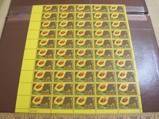Full sheet of 50 1961 4 cent Kansas Statehood US postage stamps, Scott # 1183