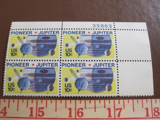 Block of 4 1995 Pioneer Jupiter 10 cent US postage stamps, #1556