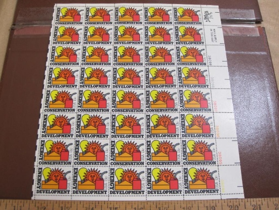 Full sheet of 40 1977 13 cent Energy Conservation and Development US postage stamps, Scott # 1723