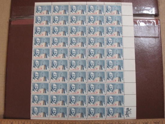Full sheet of 50 1964 8 cent Robert H Goddard US airmail stamps, Scott # C69