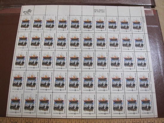 Full sheet of 50 1770 6 cent Landing of the Pilgrims US postage stamps, Scott # 1420