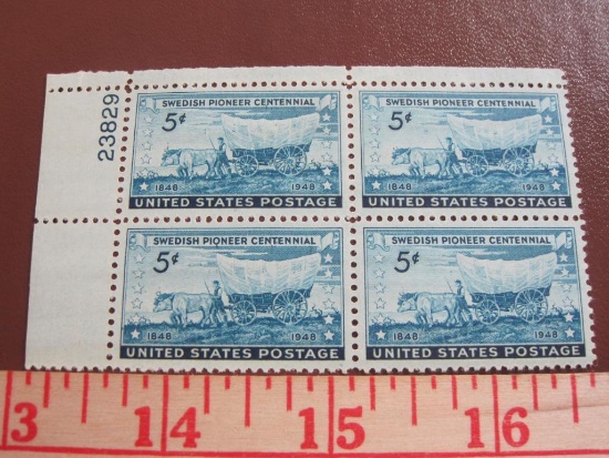 Block of 4 1948 5 cent Swedish Pioneer Centennial US postage stamps, Scott # 958