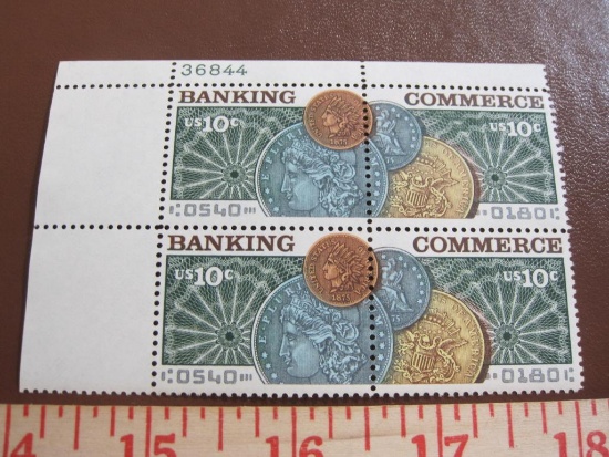 One block of 4 1975 10 cent Banking and Commerce US postage stamps, Scott # 1577-78