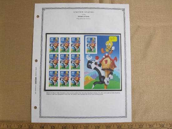 1998 Sylvester & Tweety Serpentine Die Cut 11.1 philatelic souvenir sheet, Scott # 3204, mounted to