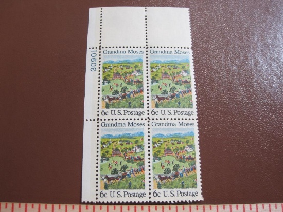 Block of 4 1969 6 cent Grandma Moses US postage stamps, Scott # 1370