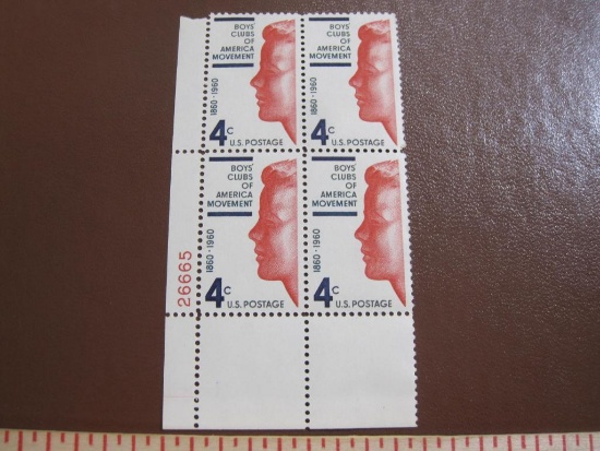 Block of 4 1960 4 cent Boys' Club of America Movement US postage stamps, Scottt # 1163