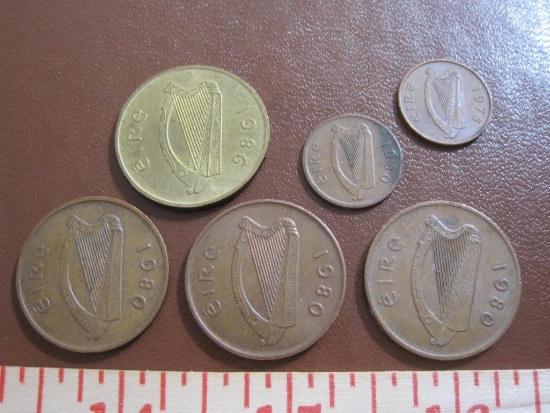Lot of 6 Irish coins: 3 1980 2 P coins 1 1986 20 P and 2 1/2 P coins (1975 and 1980)