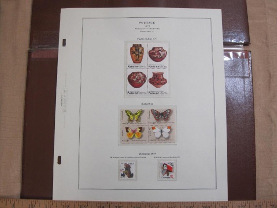 Completed official Scott album page including 1977 Pueblo Indian Art, Butterflies and Christmas