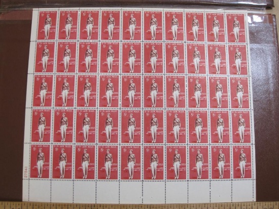 Full sheet of 50 1963 8 cent Amelia Earhart US airmail stamps, Scott # C68
