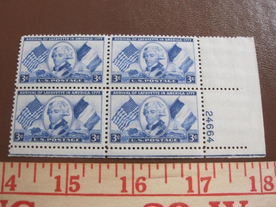 Block of 4 1952 3 cent Arrival of Lafayette in America US postage stamps, Scott # 1010