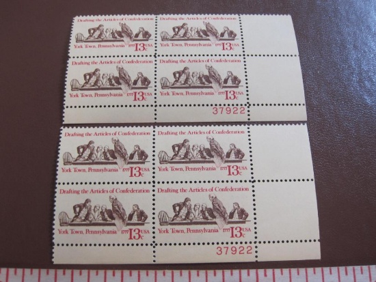TWO blocks of 4, 8 total, 1977 13 cent Articles of Confederation US postage stamps, Scott # 1726