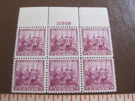 Block of 6 1938 3 cent Swedish-Finnish Tercentary US postage stamps, Scott # 836
