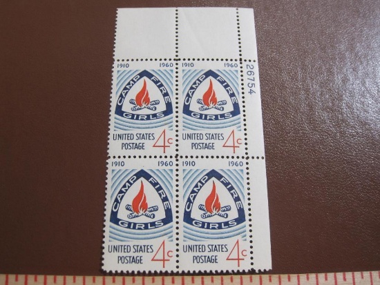 Block of 4 1960 4 cent Camp Fire Girls US postage stamps, Scott # 1167