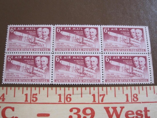 Block of 6 1949 6 cent Wright Brothers US airmail stamps, Scott # C45