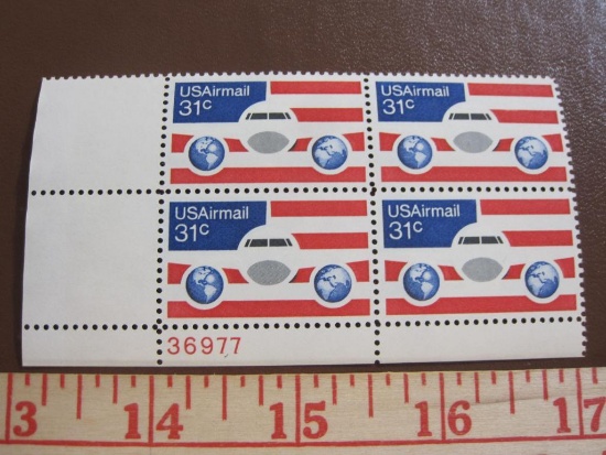 Block of 4 1976 31 cent Plane, Globes & Flags US airmail stamps, Scott # C90