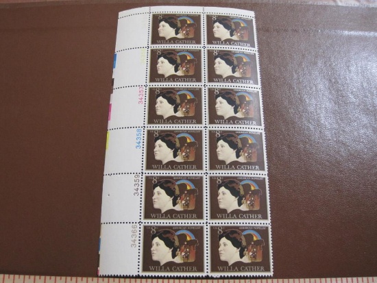 Block of 12 1973 8 cent Willa Cather US postage stamps, Scott # 1487