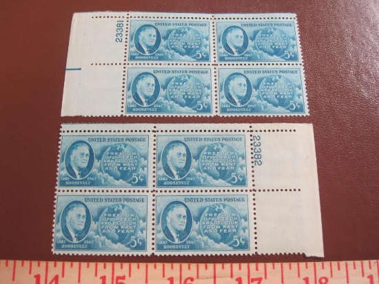 TWO blocks of 4 1945 5 cent F.D.R. & Map US postage stamps, Scott # 933